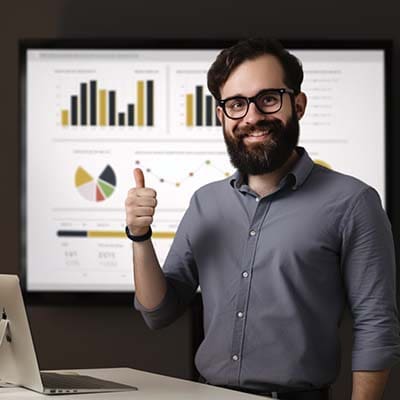 A local business owner giving a thumbs-up while standing in front of a large email marketing performance report. A local business owner giving a thumbs-up while standing in front of a large email marketing performance report.