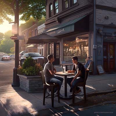 A business owner talking with an influencer at an outside cafe in a small town. A business owner talking with an influencer at an outside cafe in a small town.