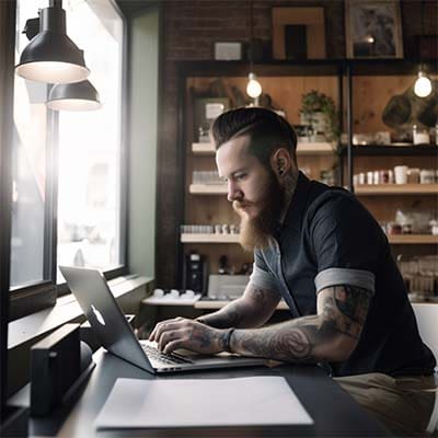 Small business owner working WordPress website. Small business owner working WordPress website.