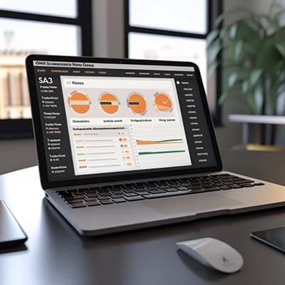 A laptop with an email marketing dashboard is displayed on the screen. A laptop with an email marketing dashboard is displayed on the screen.