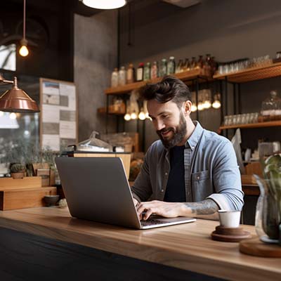 A local business owner sending out their first email marketing campaign using a laptop. A local business owner sending out their first email marketing campaign using a laptop.