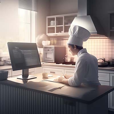 Digital advertising is one way many small businesses grow. A baker in a modern kitchen wearing a flour-covered apron looking at a compter