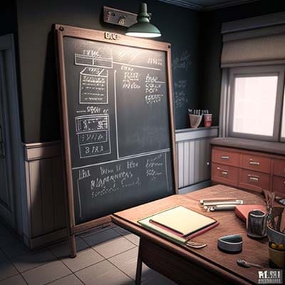 Develop content that works by planning first. Project outline drawn on a chalk board in a 1950s office.