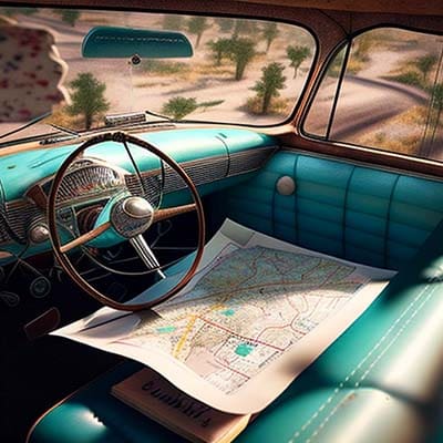 Give users a map to drive traffic to your content Road map on the seat of a 1950s car.