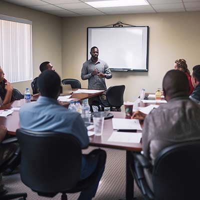 A business owner meets with his team to discuss search engine rankings. A business owner meets with his team to discuss search engine rankings.