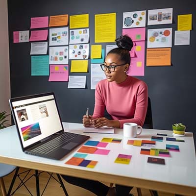 A small business owner sits at a desk with multiple screens displaying social media platforms. A small business owner sits at a desk with multiple screens displaying social media platforms