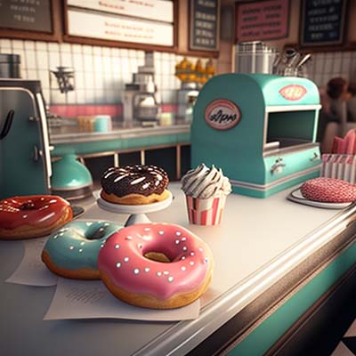 Like different kinds of donuts, offer a range of content. variety of donuts on a counter in a 1950s diner
