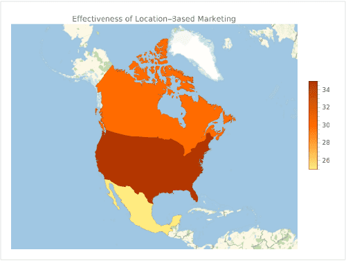 This heat map shows the effectiveness of location-based marketing in different regions. Heat map showing the effectiveness of location-based marketing in different regions.