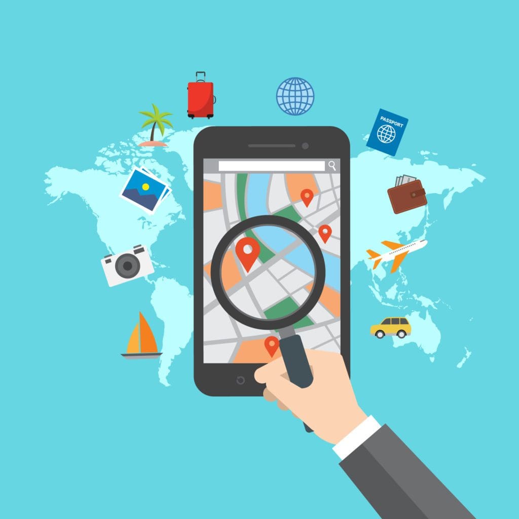 Zooming in on Local: Discovering Businesses Right in Your Neighborhood. A hand holding a smartphone with a magnifying glass, exploring local SEO practices.