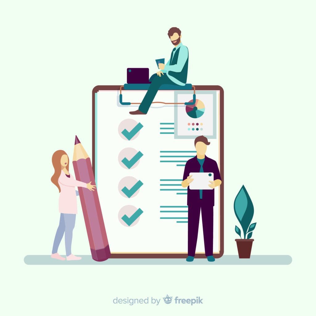 Your Local SEO Starter Kit: From Website Tweaks to Glowing Reviews. A flat illustration of people working on a checklist for getting started with local SEO.