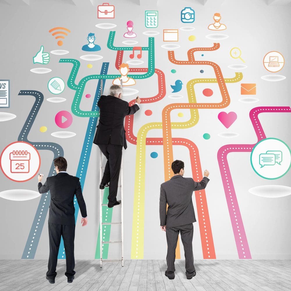 Digital marketing is a powerful asset for businesses. Businessmen, ladder, social network icons.