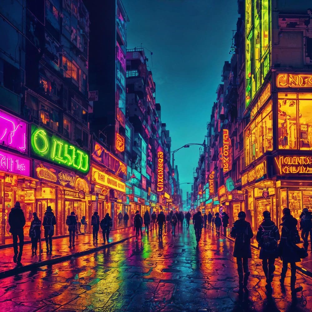 Collaborating with other local businesses is another effective strategy. Neon signs illuminate a bustling city street during the night.