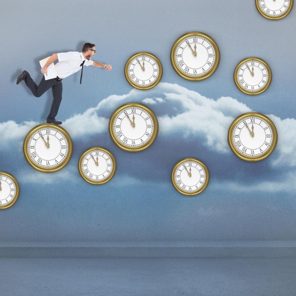 From Basics to Brilliance: The Timeline of Search Engine Evolution. A man is frantically running through a cloud of clocks while conducting local search engine optimization.