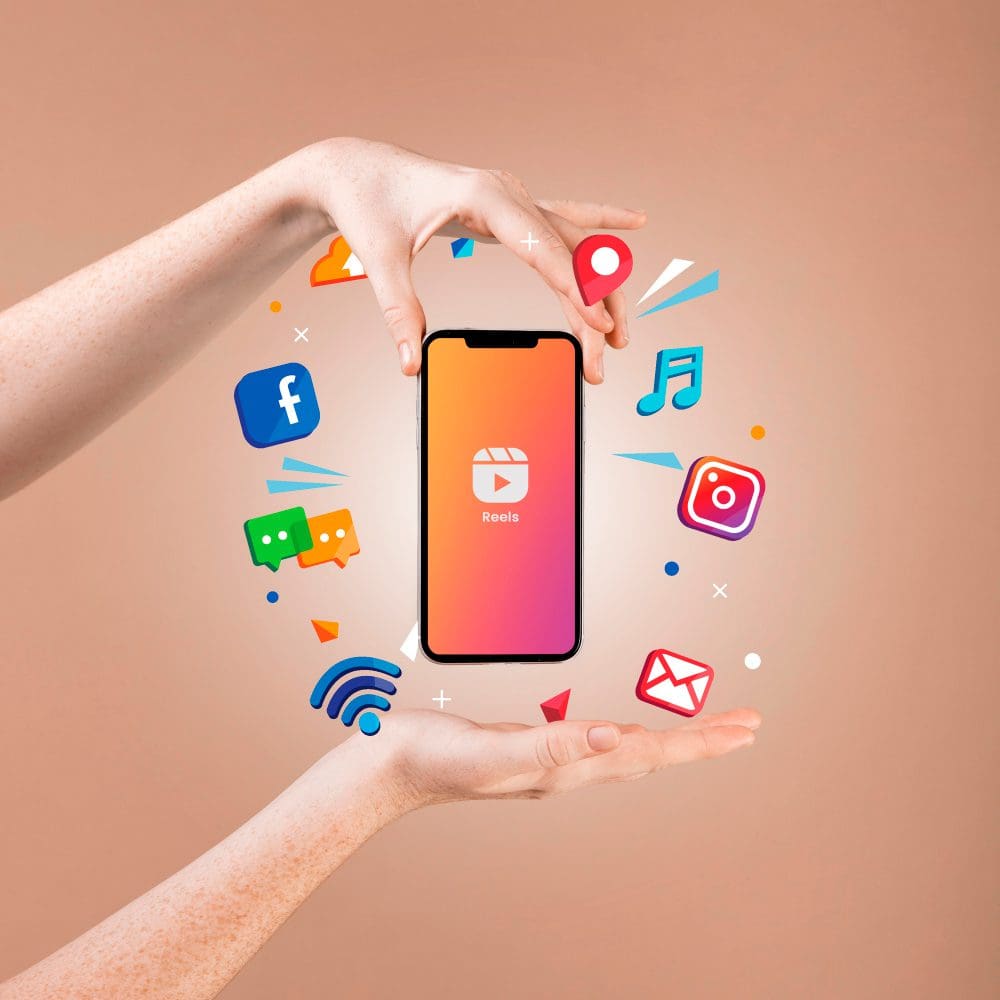 Expanding Horizons: A Local Business Harnesses the Power of Multi-Platform Visibility for Optimal Reach and Engagement. A woman's hand showcasing phone with social media icons for small business.