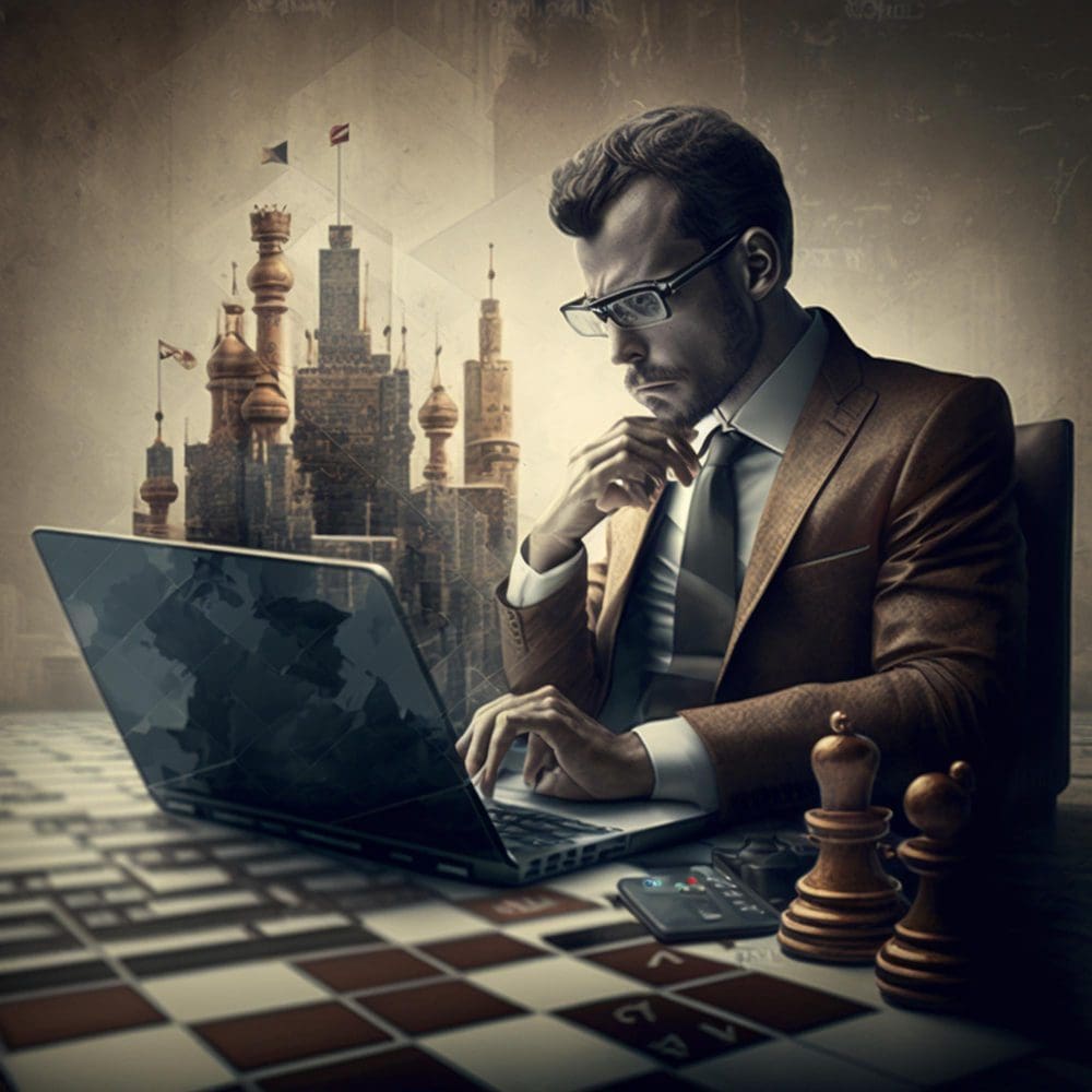 A man utilizing a laptop and chess pieces, engaging in local digital marketing for small businesses. A man utilizing a laptop and chess pieces, engaging in local digital marketing for small businesses.