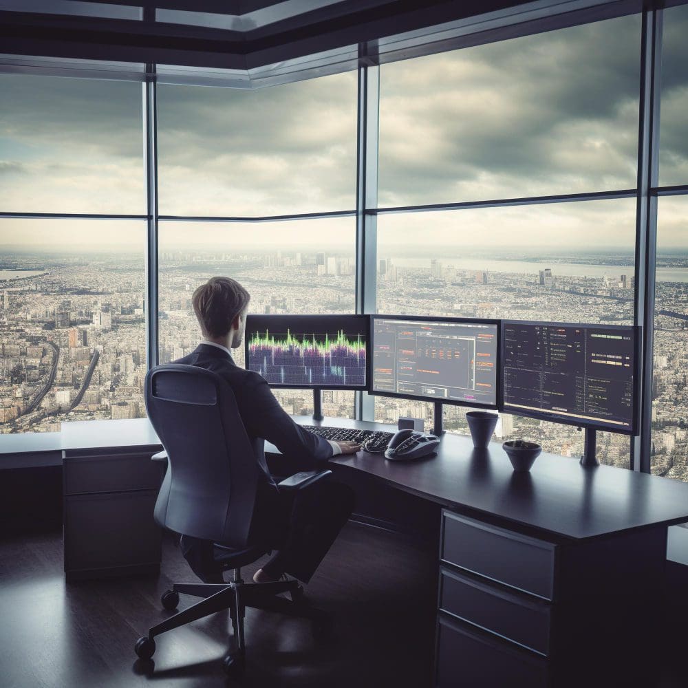 A man in a suit introduces local digital marketing to small businesses at a desk with two monitors. A man in a suit introduces local digital marketing to small businesses at a desk with two monitors.