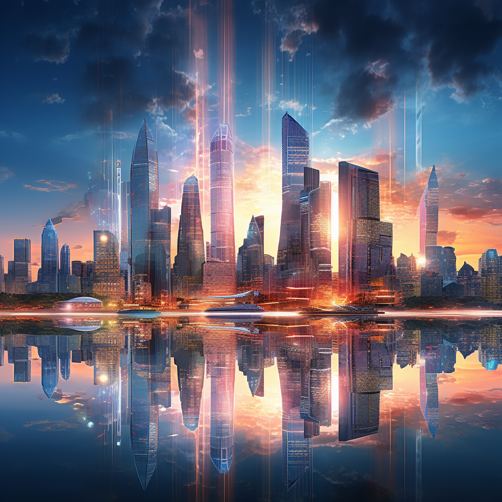 AI is set to play a crucial role in shaping future business models. Sleek futuristic city skyline at dusk with skyscraper