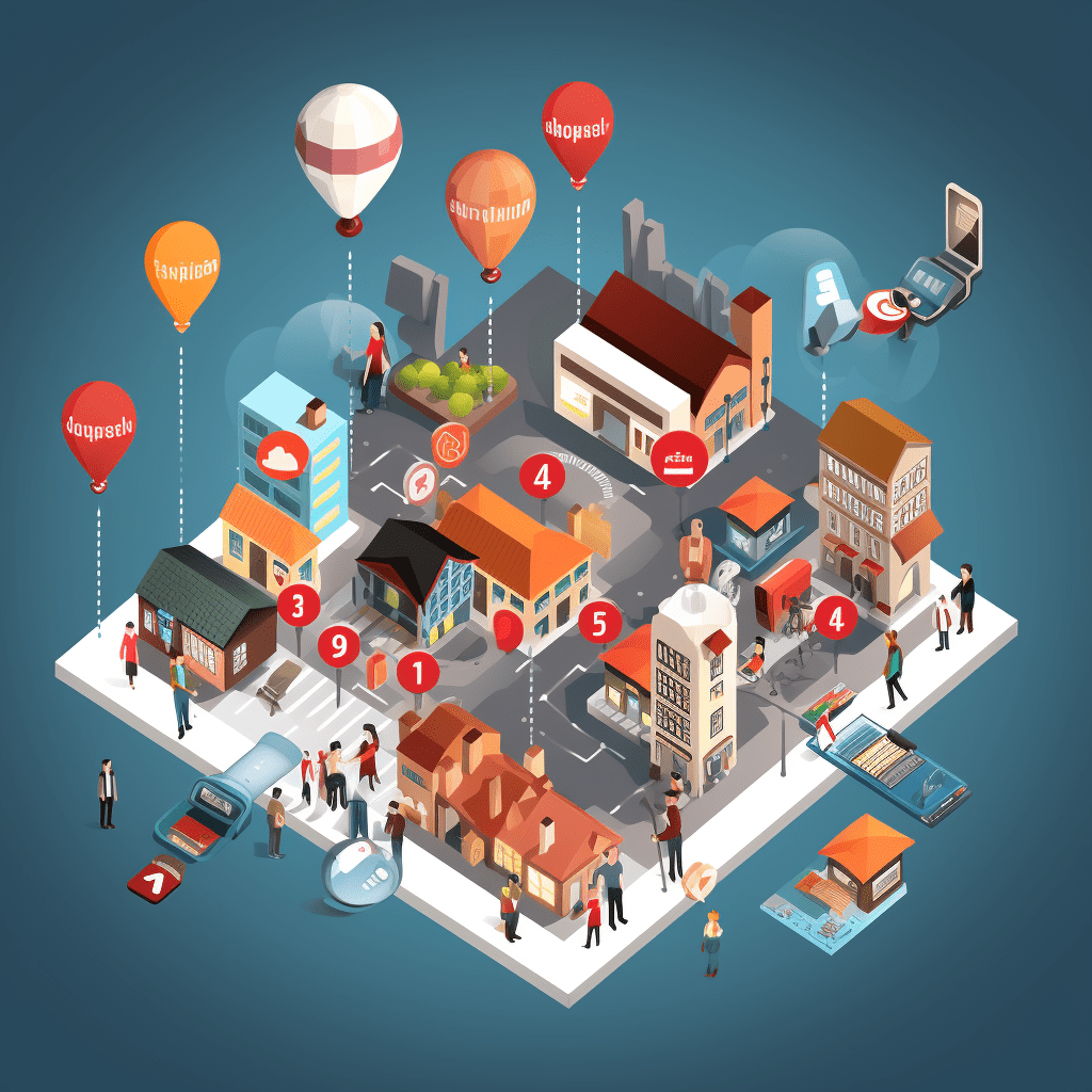 Local marketing strategies can set you apart from the competition and increase brand visibility. Isometric city illustration with balloons.