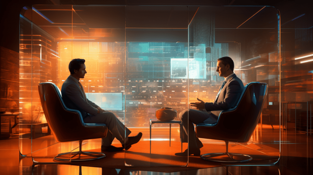 Find a small business AI consultant and adopt artificial intelligence into your company. Two businessmen utilizing AI consulting and business optimization strategies in a futuristic city.