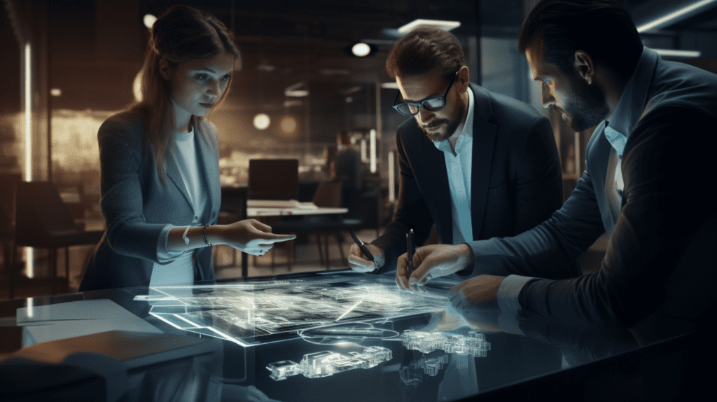 A small business AI consultant working with clients A group of business people utilizing AI consulting to optimize their operations and analyzing data on a computer screen.
