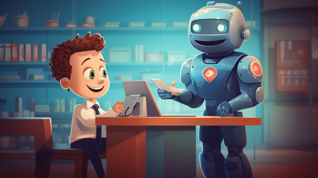 A chatbot engaging in conversation with a man at a desk. A chatbot engaging in conversation with a man at a desk.