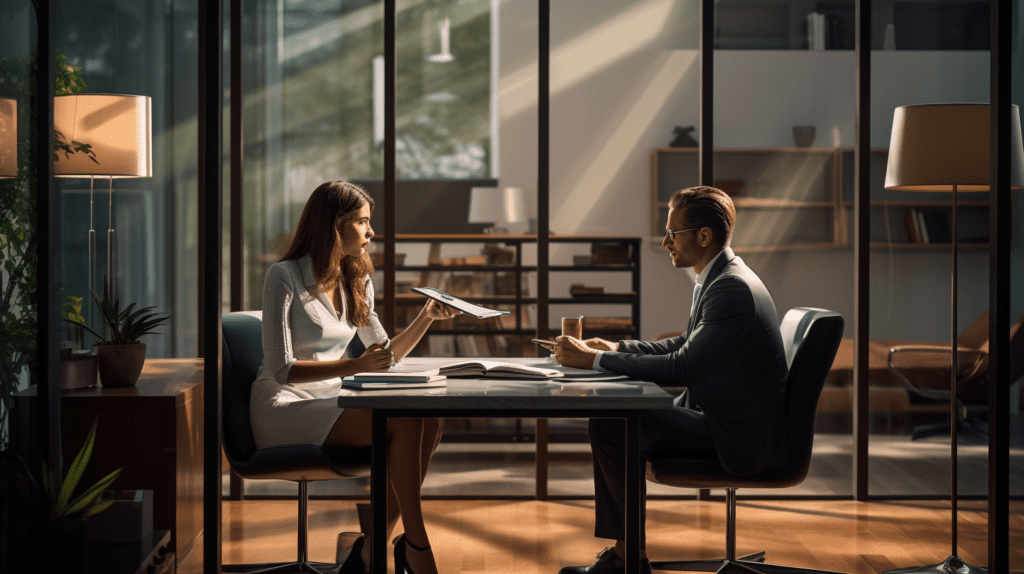 Small business AI consulting involves seeking guidance from AI consultants to implement solutions. A man and woman using chatbots for business optimization in a conference room.