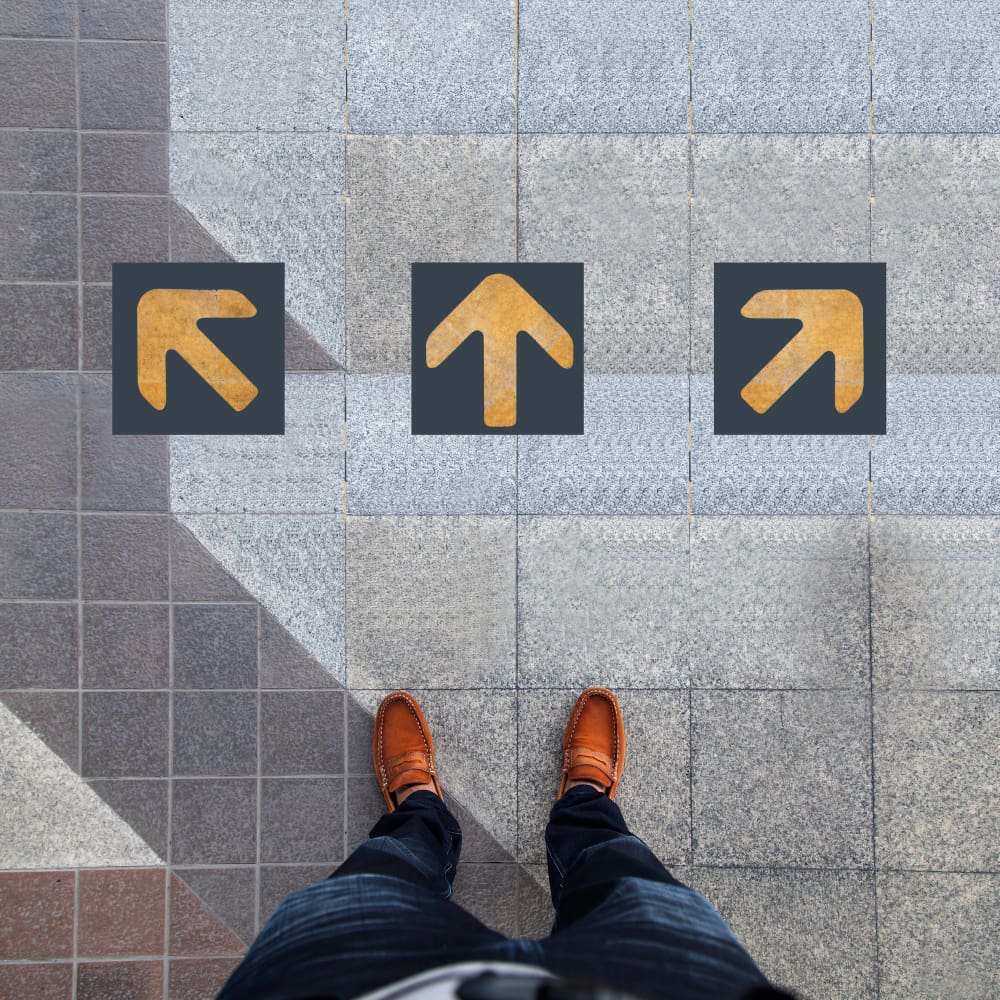 Research and assess the qualifications and experience of digital consultants for your business. Tiled floor, arrows.