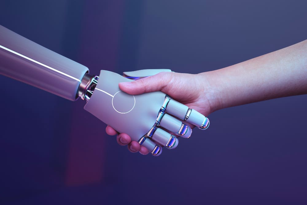 Working with a local digital marketing consultant, businesses can boost their online presence. handshake, robot, human