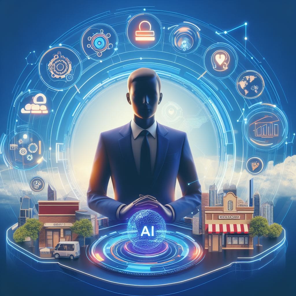 The future of AI in local businesses is brimming with possibilities. man, suit, futuristic city.