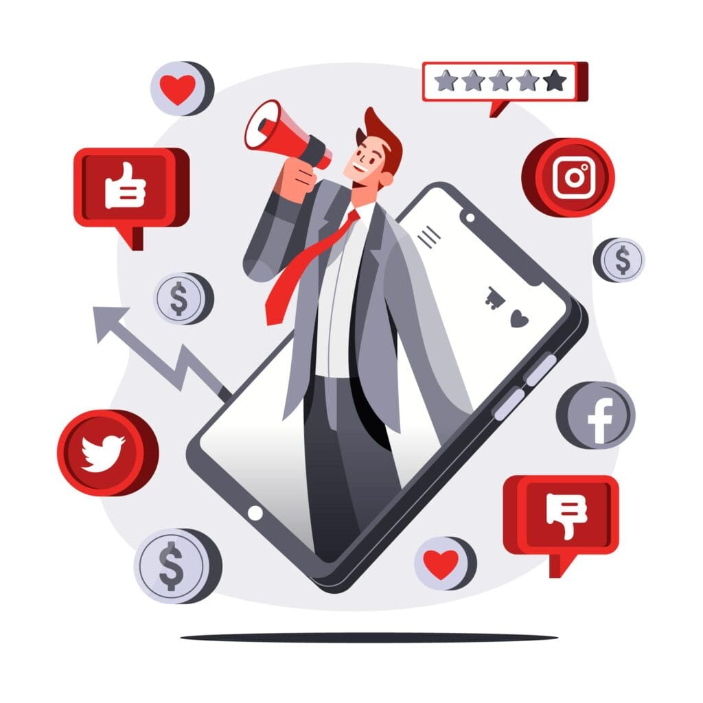 Programmatic advertising automates buying and selling digital ads. A man holding a megaphone with digital advertising icons around him.