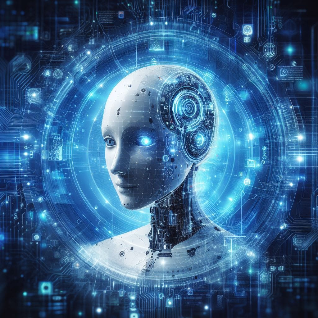 Artificial Intelligence (AI) is revolutionizing global business operations. An image of a robot head with blue eyes.