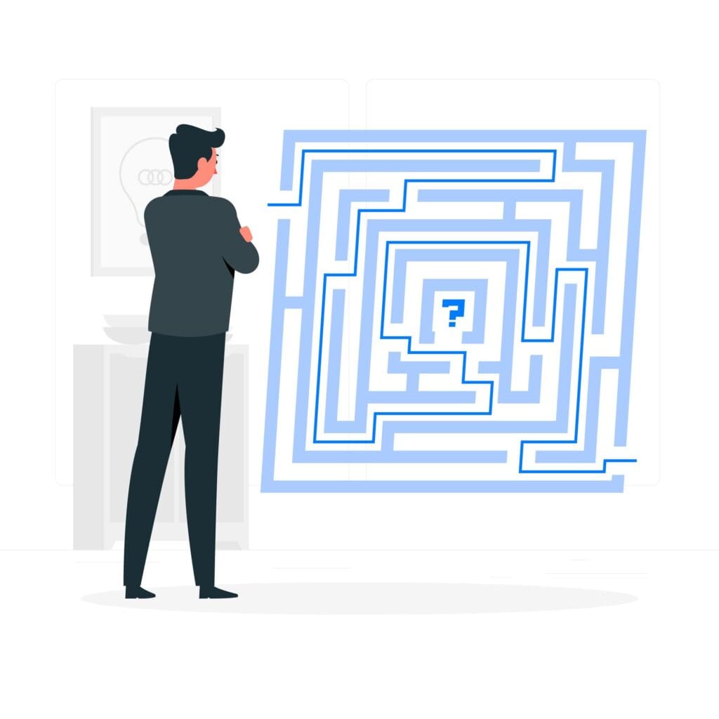 Local businesses must address programmatic advertising challenges. A man pondering over a digital advertising maze.