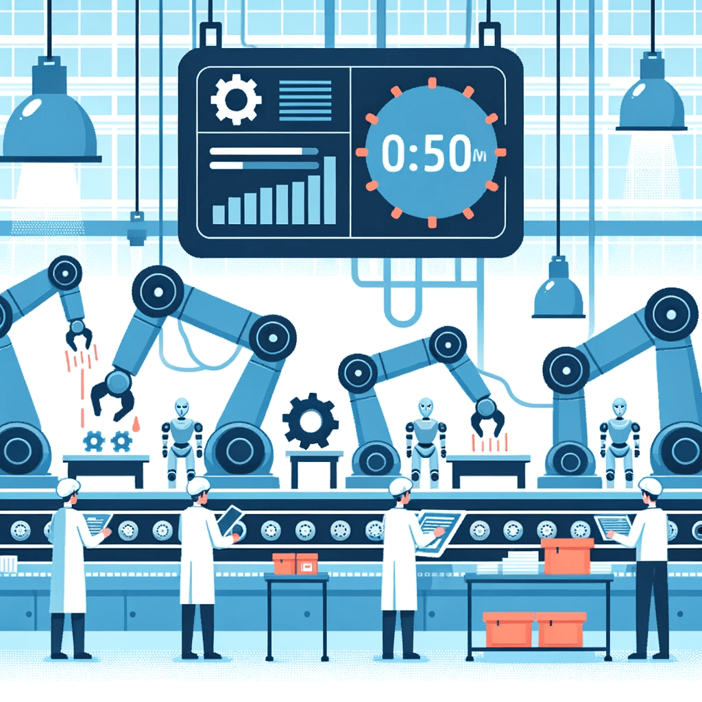 AI technology can automate repetitive tasks and significantly benefit small businesses. A factory with both robots and people working together to increase productivity.