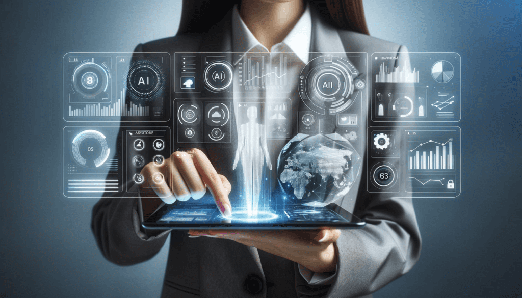 A businesswoman is holding a tablet with digital marketing icons on it. A business woman is holding a tablet letting her Harness the Power of AI for Your Business.
