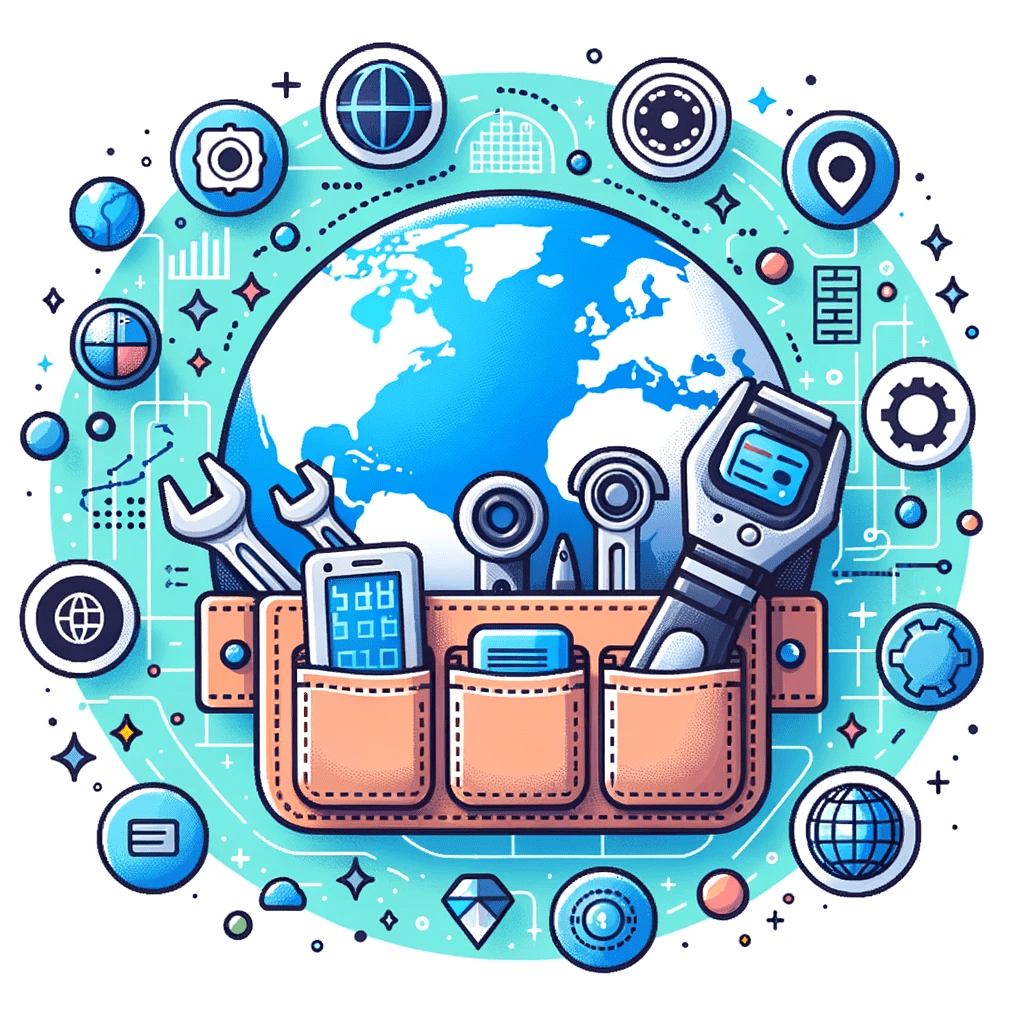 AI tools are revolutionizing local businesses! A cartoon illustration of a tool belt with tools around it, suitable for small business owners.