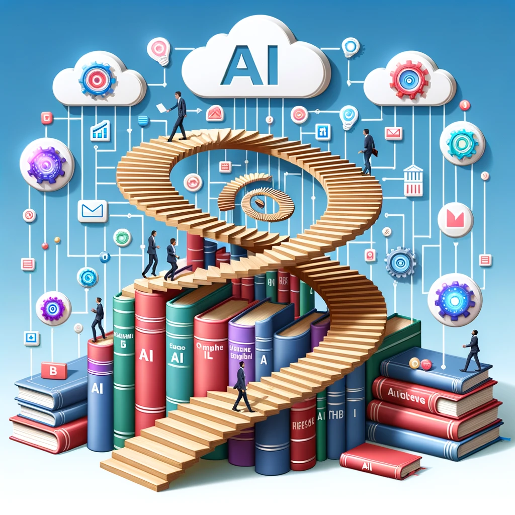 Integrating AI into a local business can automate tasks and streamline operations. A spiral staircase embellished with books and AI icons, suitable for small and mid-sized businesses.