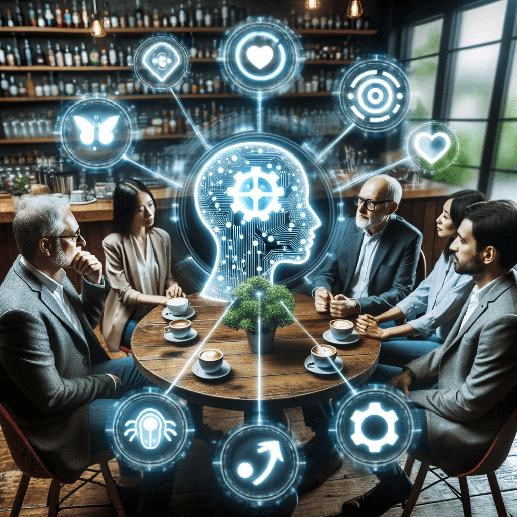 It's challenging to balance business ambitions with ethical standards when employing AI technologies. A small group of people sitting around a table in a coffee shop.