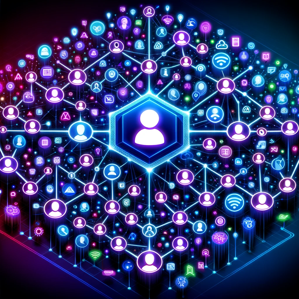 AI brings a new dimension in understanding your customers. A colorful network of social media icons on a black background, representing the power of business growth and automation.
