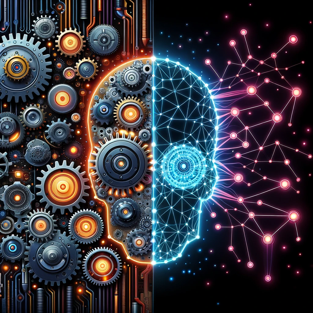 From Mechanical Precision to Intelligent Evolution: The Seamless Transition from Automation to AI. An image of a human head with gears on a black background, representing the intersection of Digital Transformation and AI for Business Growth.