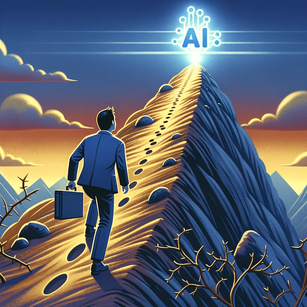 Ascend to Innovation: A Business Owner's Climb to AI Mastery. An illustration of a man walking up a mountain with the word AI incorporated.