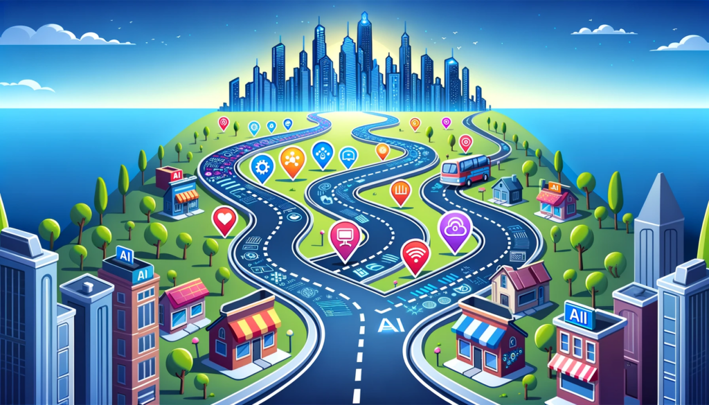 Charting the AI Journey: Milestones to Digital Transformation in Small Business. An illustration depicting the digital transformation of a city's road and landmarks, driving business growth through automation.