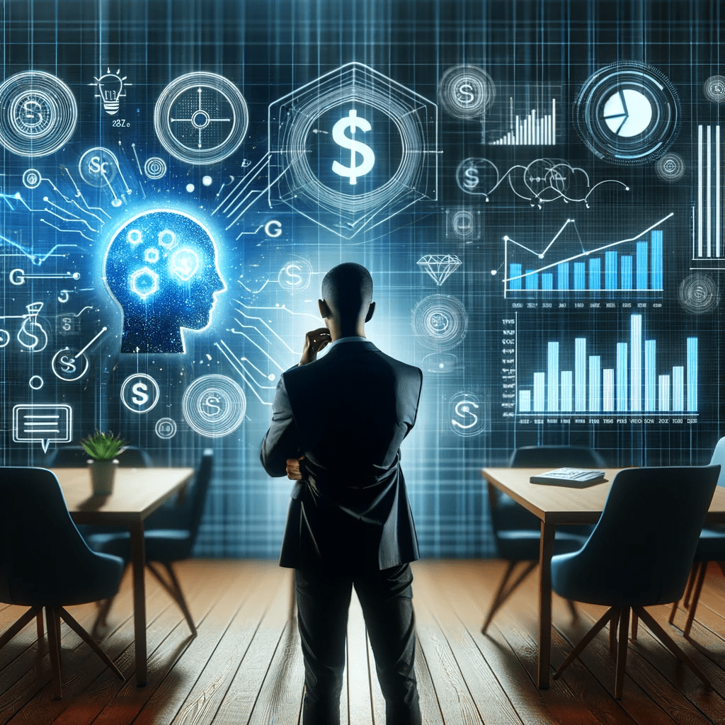 A businessman engaged in small business marketing, looking at a computer screen displaying money icons as part of his digital marketing efforts in 2023.