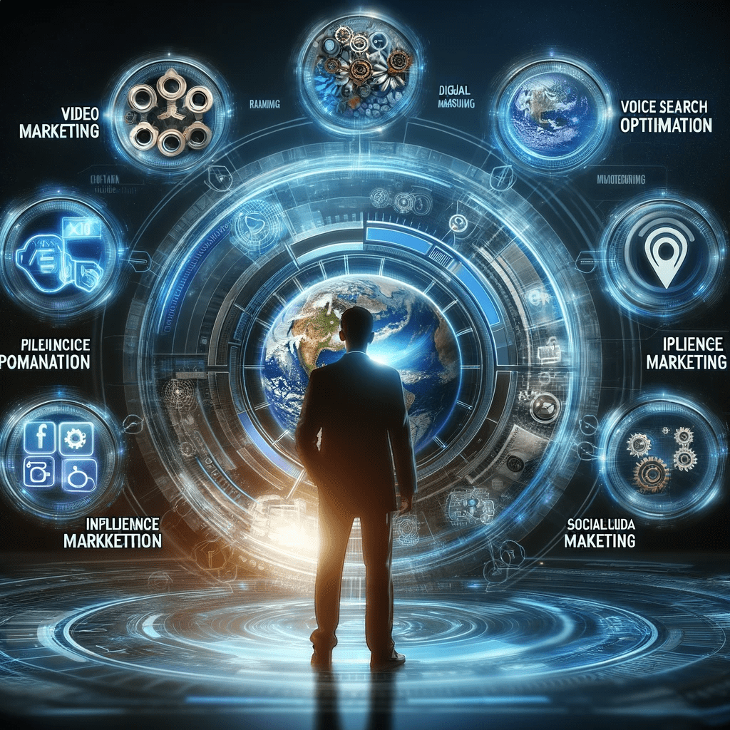 A man in a suit standing in front of a futuristic world, showcasing the power of digital marketing in 2023.