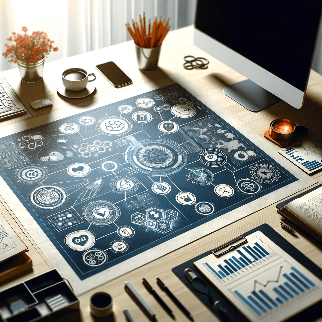 Pay attention to thought leaders like Gary Vaynerchuk for their offer valuable insights. A desk with a lot of business icons on it, showcasing innovative marketing techniques.