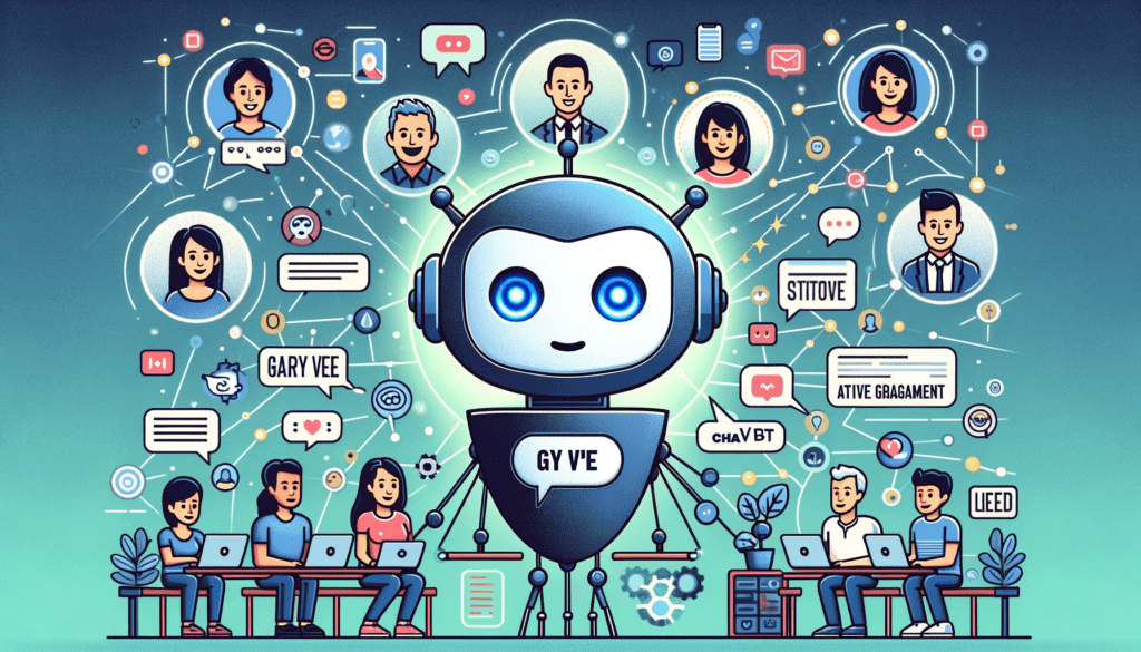 Gary Vee advises active engagement to stand out from the competition and build a loyal following. An illustration of a robot with a group of people around him, demonstrating digital marketing for small businesses.