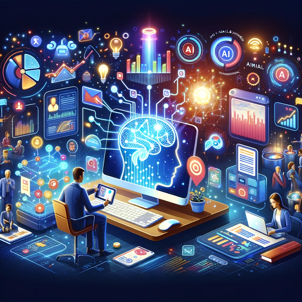 A businessman is working on a computer, utilizing various icons depicting the transformative power of technology in today's workforce, highlighting automation and opportunity.