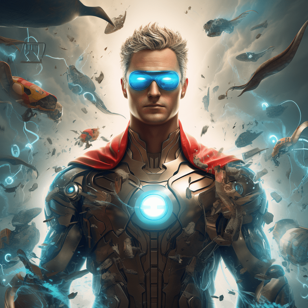 Using AI in your online marketing is like having your very own super powers! A man in a suit with blue eyes standing in the middle of an AI-driven galaxy.