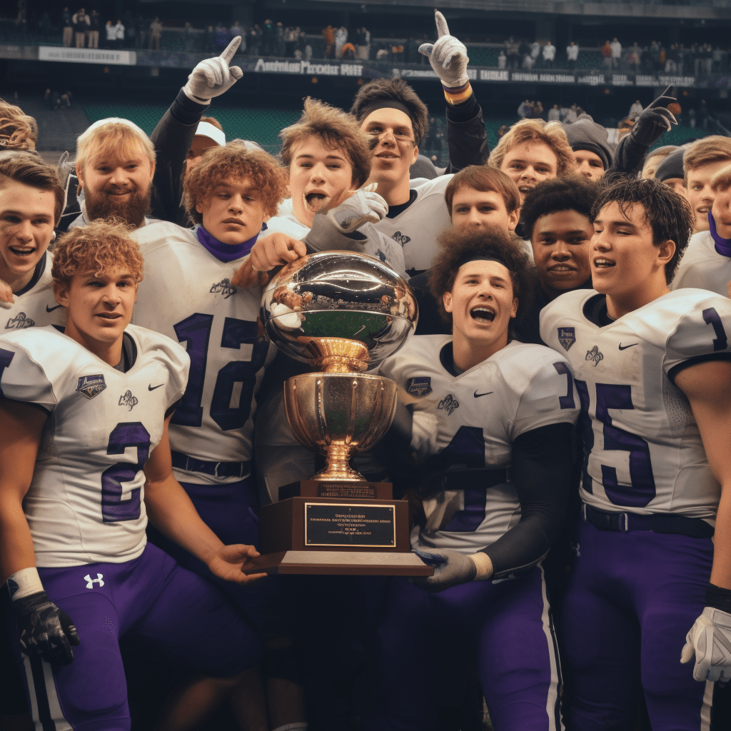 A football team posing with a trophy. A Football team showcasing their teamwork skills by lifting up the trophy.