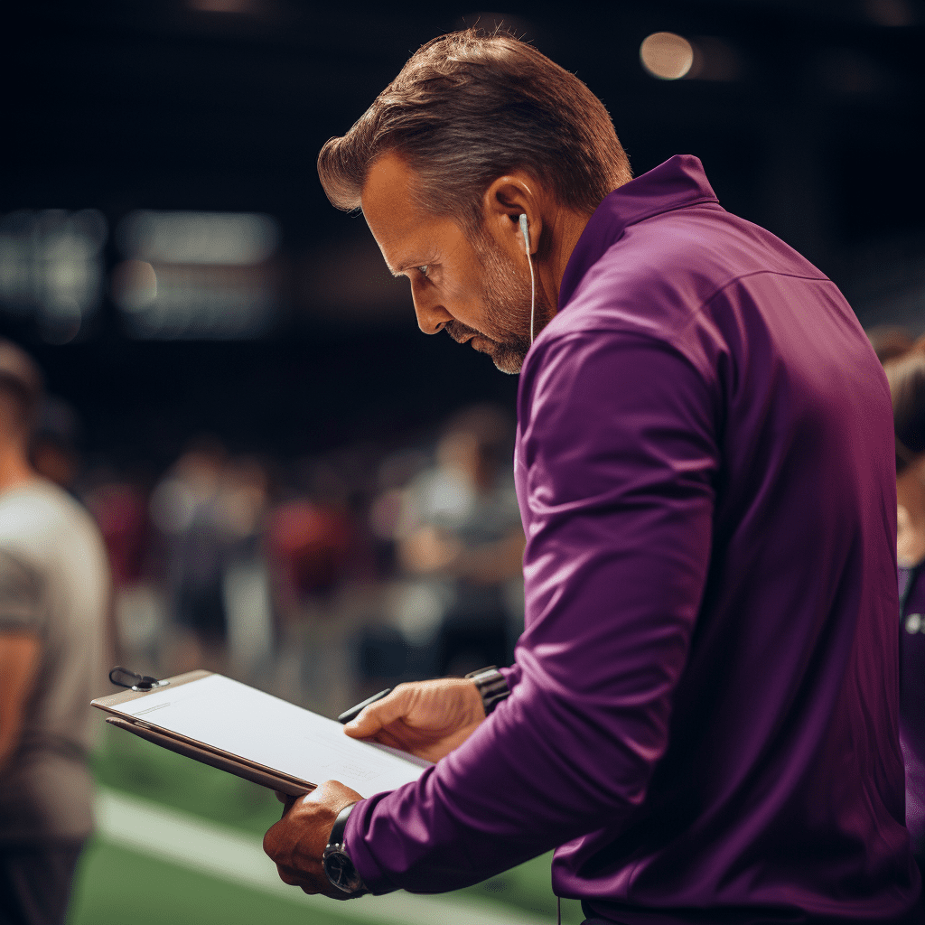 AI tools in the Marketing Playbook automate tasks, analyze data, and personalize experiences for competitive edge. A coach holding a clipboard in a stadium, observing and analyzing the teamwork lessons of the team's digital innovation for business growth.