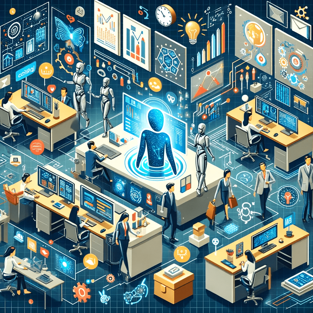AI technology is integrated into small business environments for enhanced efficiency and improved customer service. An isometric image of people working in an office, showcasing Small Business Growth.